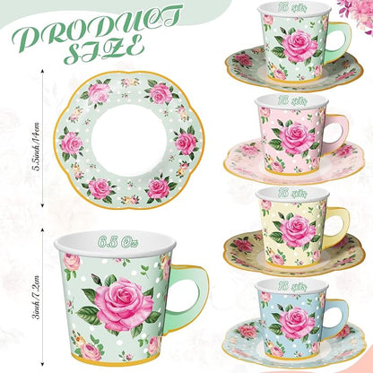 Umigy 60 Sets Floral Tea Party Decorations 6.5 oz Floral Paper Teacups & Saucer - Image 2