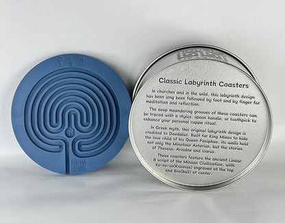 Classic Labyrinth Blue Silicone Coasters - Set of 8 Non-Slip, Heat-Resistant Drink Coasters for Coffee, Tea, and Glasses - Durable, Easy to Clean, Decorative Tabletop Protection