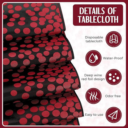 Breling 8 Pack Black and Maroon Disposable Plastic Tablecloths and Satin Table Runner Set, 54 x 108 Inch Tablecloth, 12 x 108 Inch Table Runners for Wedding Graduation Birthday Baby Shower