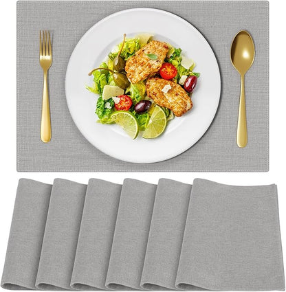 Cloth Placemats, Set of 6 Heat-Resistant Cotton Linen Blend Double Layered Machine Washable Place Mats, Wrinkle Free Thick Fabric Dining Table Mats for Indoors & Outdoors (Light Grey, 6)