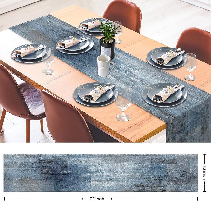 Emvency Table Runner, 13x72 Inch, Farmhouse Abstract Denim | Blue Art Painting - Image 3