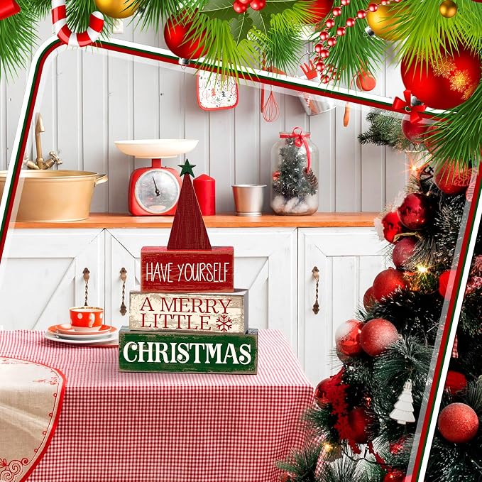 Moucuny 4 Pcs Christmas Decor Wooden Christmas Tree Winter Tiered Tray Decor - Image 5