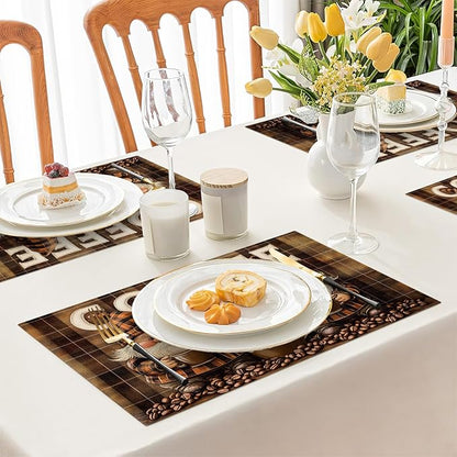 Coffee Gnomes Placemats Set of 6, Cafe Station Table Mats, Washable Place Mats for Coffee Bar Home Party Indoor Kitchen Dining Table Decor 12x18 Inch