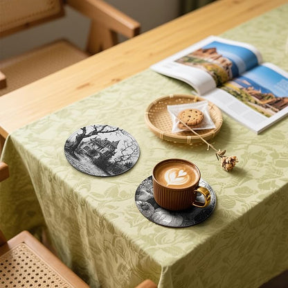 Halloween Cat Coasters Leather Round Drink Coasters 6 Pcs Set with Holderor for Cup Drink Coffee Table Bar Home Decor