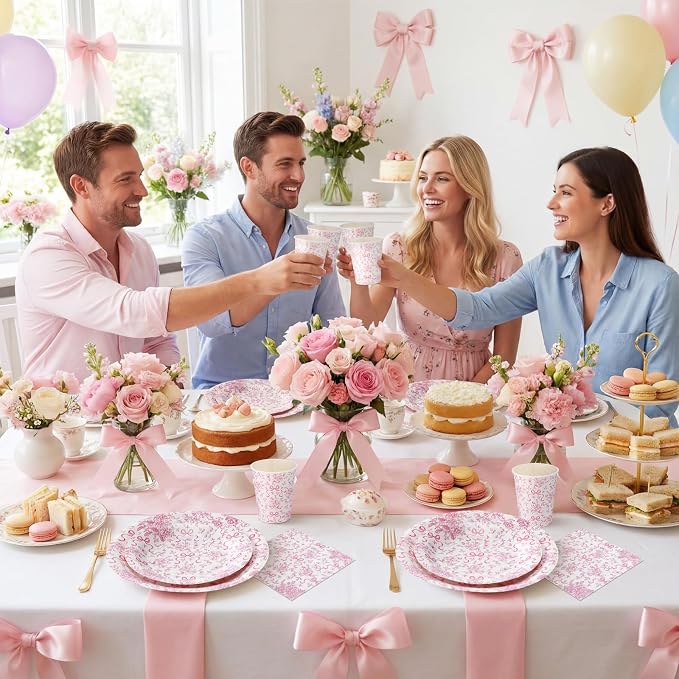 LemonRoad 150 Pcs Pink Bow Floral Disposable Plates and Napkins Bow Coquette - Image 5