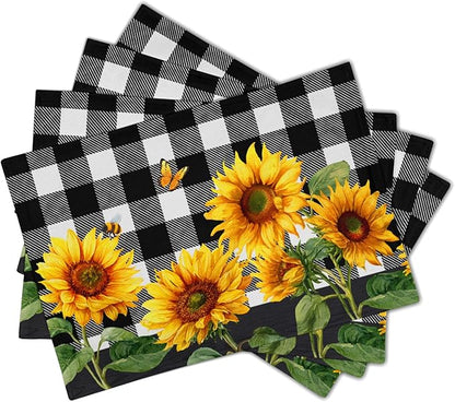 Sunflower Placemats Set of 4 - Buffalo Plaid Place Mats 12x18 Farmhouse Table Mats Spring Summer Kitchen Mats for Party Dining Table