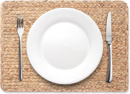 Woven Placemats Set of 6, 17" x 12" Rattan Table Mats, Natural Water Hyacinth Chargers for Dinner Plates, Wicker Placemats for Dining Table, Home, Wedding
