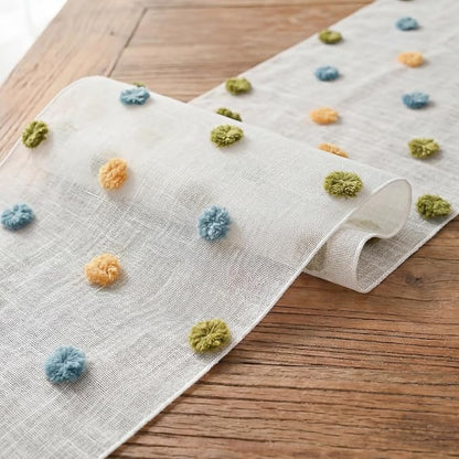 Artoid Mode Yellow Blue Green Pom Pom Tulle Table Runner, Seasonal Washable - Image 6