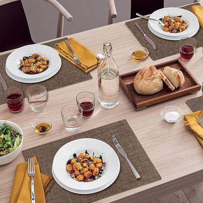 Placemats Set of 8, Faux Linen Dining Table Mats Heat Resistant Placemats for Kitchen Table, Washable Anti-Slip Place Mats, Kitchen Placemats Easy to Clean(Dark Brown)