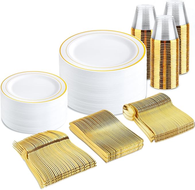 bUCLA 300PCS Gold Disposable Dinnerware Set by BUCLA