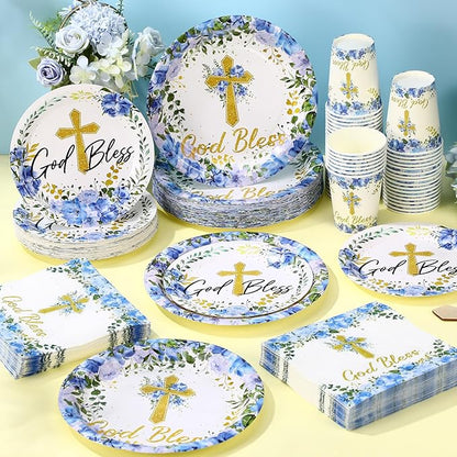 Pickmesh 250 Pcs Blue Baptism Cross Disposable Tableware Set First Holy Communion Baptism Disposable Paper Plates Napkins and Cups for Christening Celebration Baby Shower Religious Supplies