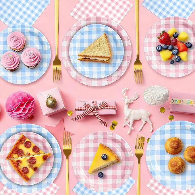 180Pcs Pink Blue Gingham Party Supplies Paper Plates and Napkins Serve 60 | - Image 6