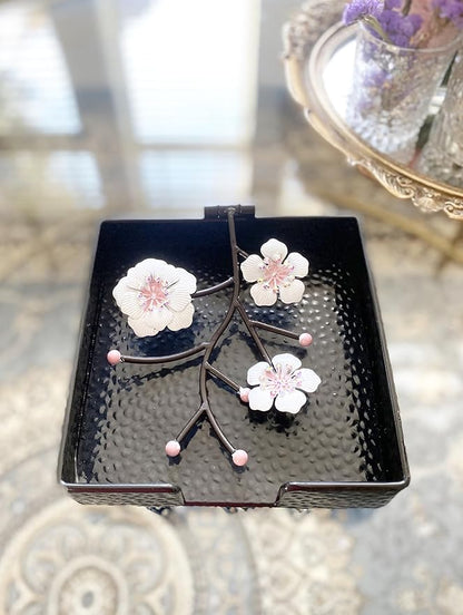Black Flat Square Napkin Holder with White Pink Orchid Blooms | Orchid Flowers Metal Hinged Weighted Arm | Serviette Paper Hand Towel Storage Caddy Tray Organizer Dispenser | Home Restaurant