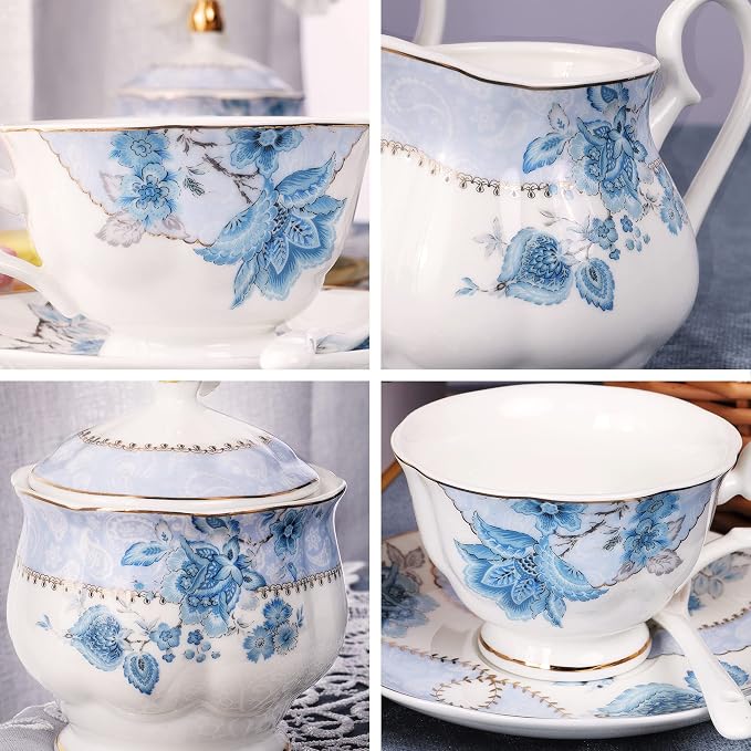 fanquare Blue Flowers Porcelain Tea Set, Tea Cup and Saucer Set Service - Image 2