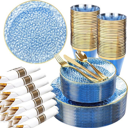 Rubtlamp 100 Guest Blue Gold Plastic Dinnerware Set,Clear Blue Disposable With Gold Rim, Hammer Fancy Party Plates Include 100Dinner Platos,100Cake Platos,100Cups,100 Pre Rolled gold Cutlery