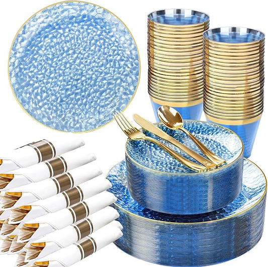 Rubtlamp 100 Guest Blue Gold Plastic Dinnerware Set,Clear Blue Disposable With Gold Rim, Hammer Fancy Party Plates Include 100Dinner Platos,100Cake Platos,100Cups,100 Pre Rolled gold Cutlery