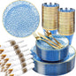 Rubtlamp 100 Guest Blue Gold Plastic Dinnerware Set,Clear Blue Disposable With Gold Rim, Hammer Fancy Party Plates Include 100Dinner Platos,100Cake Platos,100Cups,100 Pre Rolled gold Cutlery