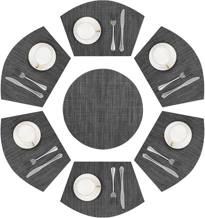 SHACOS Round Table Placemats Set of 7 Wedge Shaped Place Mat with Centerpiece Round Mat Heat Resistant Table Mats Washable (7, Black Gray)