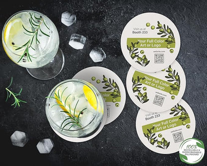 B.E. Green Custom Coasters - Pulpboard Personalized Coasters for Drinks - Full Color Print - Reusable & Absorbent - Beverage Coaster - Promotional Events & Celebrations - Pack of 50-4" Round Coaster