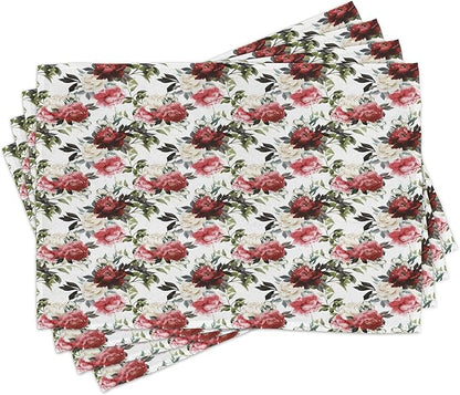 Ambesonne Shabby Flora Place Mats Set of 4, Country Style Floral Flower Roses Watercolor Image Art, Washable Fabric Placemats for Dining Table, Standard Size, Coral Maroon