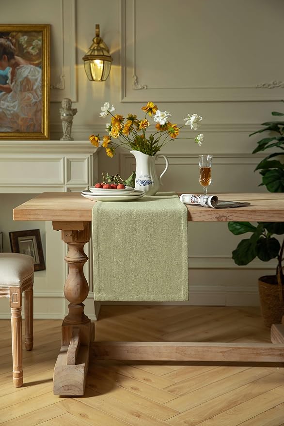 Burlap Style Farmhouse Table Runner, 14x72 Inches Light Sage Green | Thick - Image 2