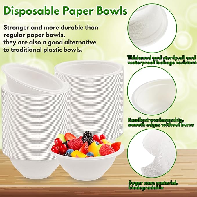 100 Pack 8 oz Disposable Paper Bowls, Heavy-Duty Compostable Bagasse Bowls | - Image 3