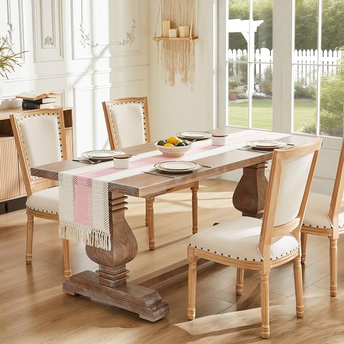 Macrame Style Bicolor Stitching Table Runner 14x60in Light Pink | Woven Boho - Image 2