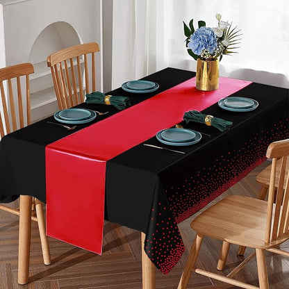 16Pack Disposable Plastic Party Tablecloths and Satin Table Runner Set Black - Image 4