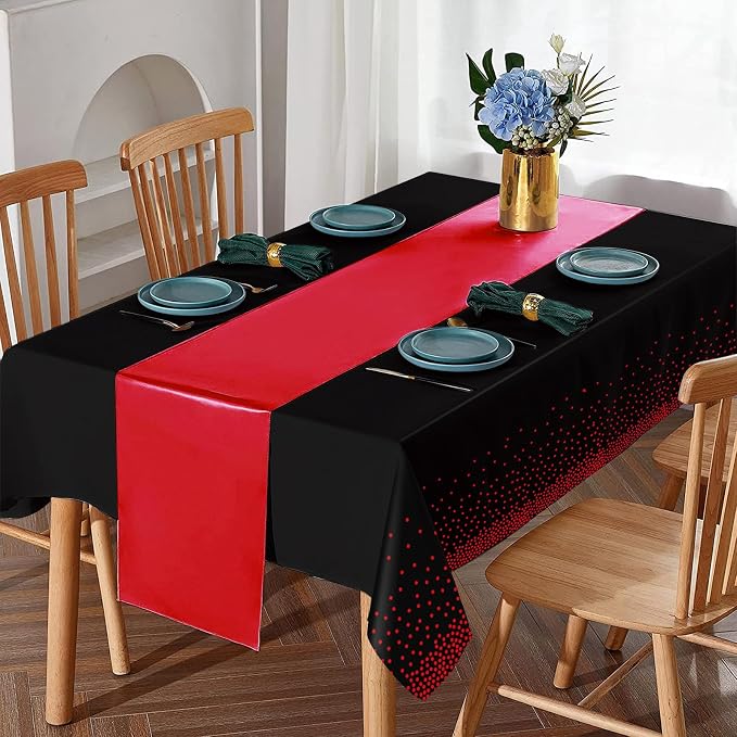 8Pack Disposable Plastic Party Tablecloths and Satin Table Runner Set Black and - Image 4