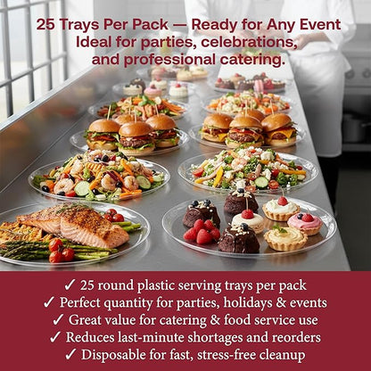 Smarty Had A Party 18 Inch Clear Round Plastic Serving Tray – Elegant Large Plastic Serving Trays for Parties, Catering & Buffets, Heavy-Duty Disposable Party Platters – Set of 25