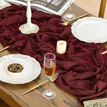 Artoid Mode Boho Cheesecloth Gauze Burgundy Wedding Table Runner, 120 Inch - Image 3