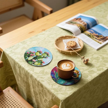 Cactus Coasters Leather Round Drink Coasters 6 Pcs Set with Holderor for Cup Drink Coffee Table Bar Home Decor