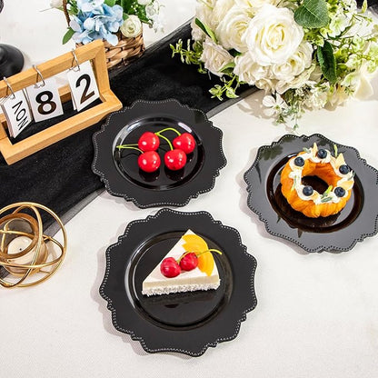 COLOSUS 100pcs Black Plastic Dessert Plates - 7.5 Inch- Heavy Duty Disposable Plastic Appetizer/Salad/Cake Plates for Party Wedding Birthday and Everyday Use