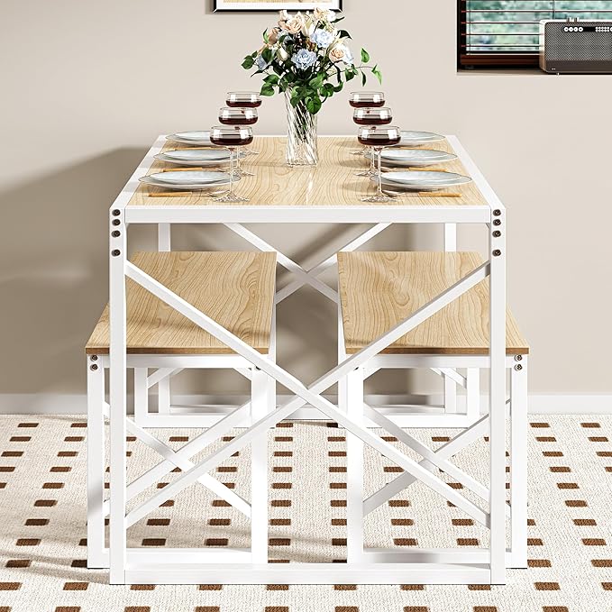 VECELO Kitchen Dining Table Sets for 6, 55" Wood Dinette 2 Benches with Metal Frame for Dinner Breakfast Nook and Small Space, Oak