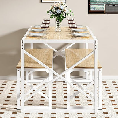 VECELO Kitchen Dining Table Sets for 6, 55" Wood Dinette 2 Benches with Metal Frame for Dinner Breakfast Nook and Small Space, Oak