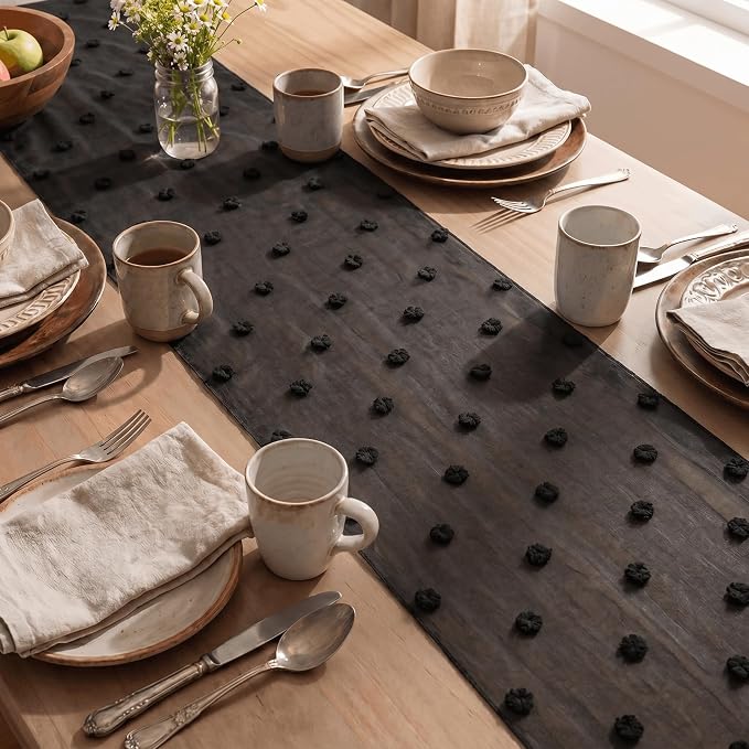 Artoid Mode Black Pom Pom Tulle Table Runner, Seasonal Halloween Washable - Image 4