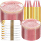 Rubtlamp 700Pcs Pink Gold Plastic Plates, Fancy Hammer Party Plate, Pink Plastic Dinnerware Set Include 100 Dinner Plates,100Salad Plates,100Cups,100Pre Rolled Gold plastic Silverware for Party
