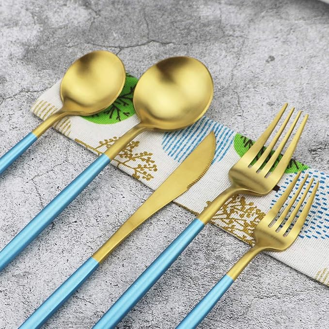 Gugrida 20-Piece 18/10 Stainless Steel Flatware Silverware, Luxury Dinnerware Set Travel Cutlery Tableware Include Knife Fork Spoon Service for 4, Dishwasher Safe (Blue Handle Matte Gold)