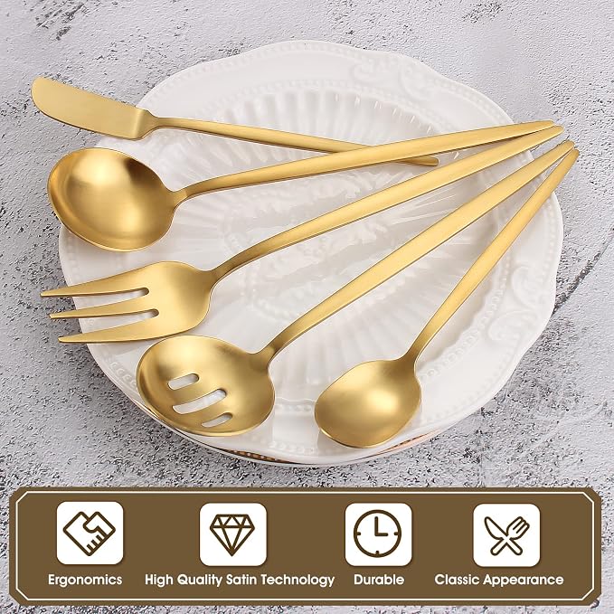 VANVRO Matte Gold Serving Silverware Set, 5-Piece Round Shared Utensils Set of - Image 3