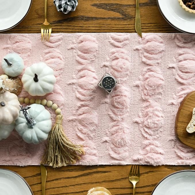 Artoid Mode Pink Soft Faux Fur Pumpkins Fall Table Runner 13x36 Inch | Seasonal - Image 2