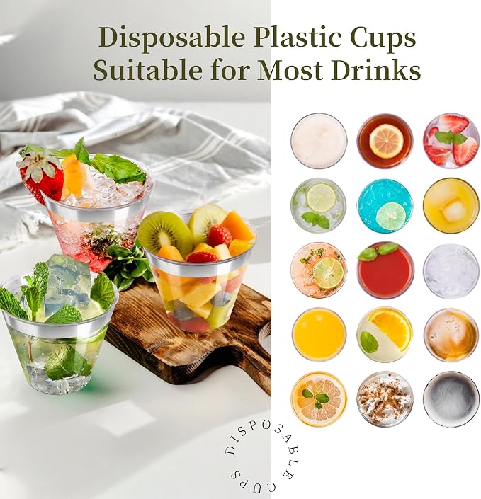 9oz Clear Plastic Cups with Silver Rimmed Sturdy & Food Safe Disposable Wine - Image 3