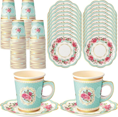 Tioncy 100 Pcs Tea Party Decorations Include 50 Pieces 9 oz Paper Tea Cups by Tioncy