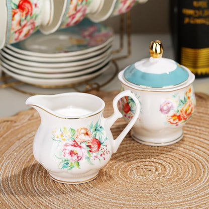 fanquare 21-Piece Green and Floral Porcelain Tea Set, Vintage Ceramic Tea Cup - Image 3
