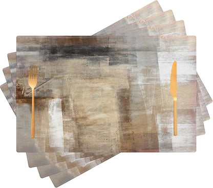 Beige and Gray Placemats Set of 4 Abstract Art Place Mats Indoor Modern Table Placemats Washable Wipeable Waterproof Heat Resistant Kitchen Place Mats for Dining Tables, 18 X 12 Inch