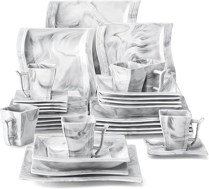 MALACASA Plates and Bowls Sets, 30 Piece Porcelain Dinnerware Sets for 6, Square Dinnerware Set with Dinner Plate, Dessert Plate, Soup Plate, Cup and Saucer, Modern Dish Set, Marble Grey, Series Flora