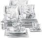 MALACASA Plates and Bowls Sets, 30 Piece Porcelain Dinnerware Sets for 6, Square Dinnerware Set with Dinner Plate, Dessert Plate, Soup Plate, Cup and Saucer, Modern Dish Set, Marble Grey, Series Flora