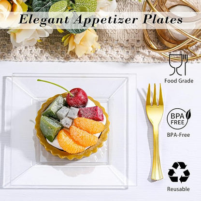 200pcs Square Dessert Plates Includ 100pcs 6inch Appetizer Plates,100pcs 5inch Plastic Forks,Clear Dessert Plates Disposable Appetizer Plates Serve 100 Guests For Wedding Party&Valentine's Day