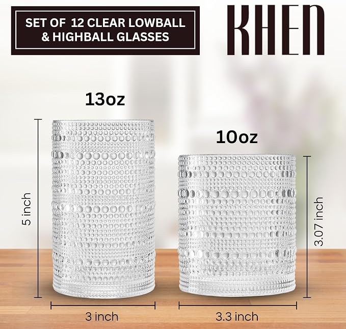 Khen Vintage Hobnail Drinking Glasses Set of 12, 13oz Highball Glasses & 10 oz - Image 2