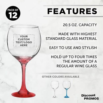 Custom Premiere Wedding Wine Glasses 20.5 oz Set of 12, Personalized Bulk Pack - Restaurant Glassware, Perfect for Red Wine or White Wine - Red