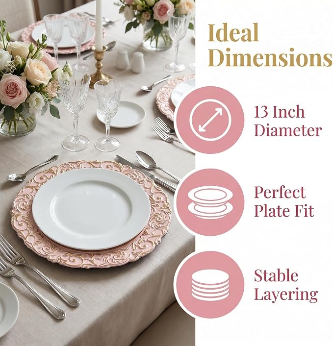 Pink Charger Plates with Gold Embossed Rim, Plate Chargers - Image 4